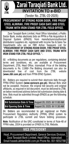 Zarai Taraqiat Bank Limited Islamabad Tender Notice